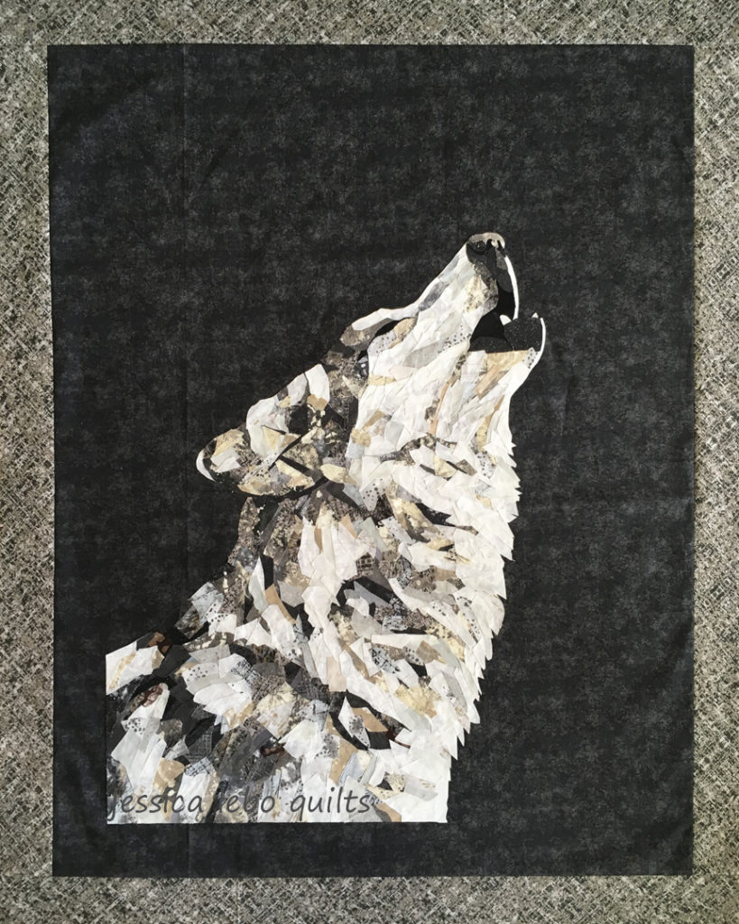 wildlife art wolf fabric collage quilt work in progress