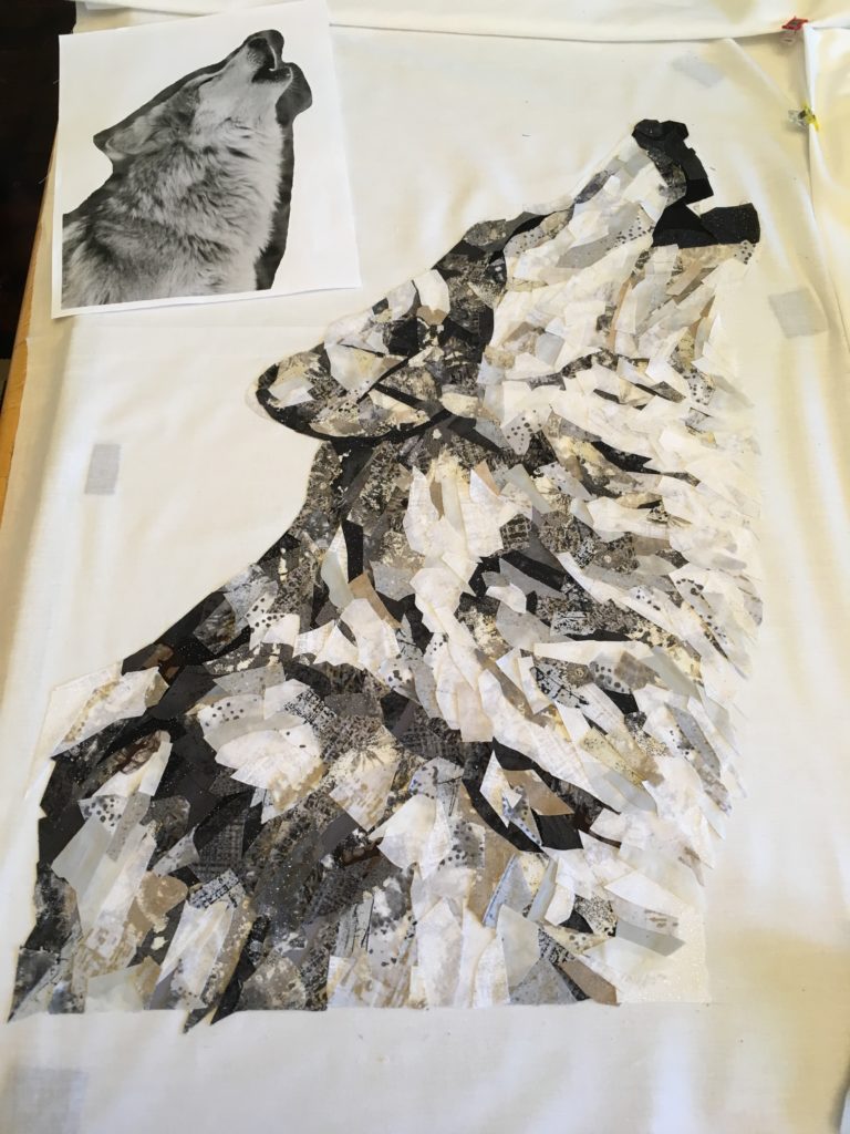 wolf fabric collage art quilt