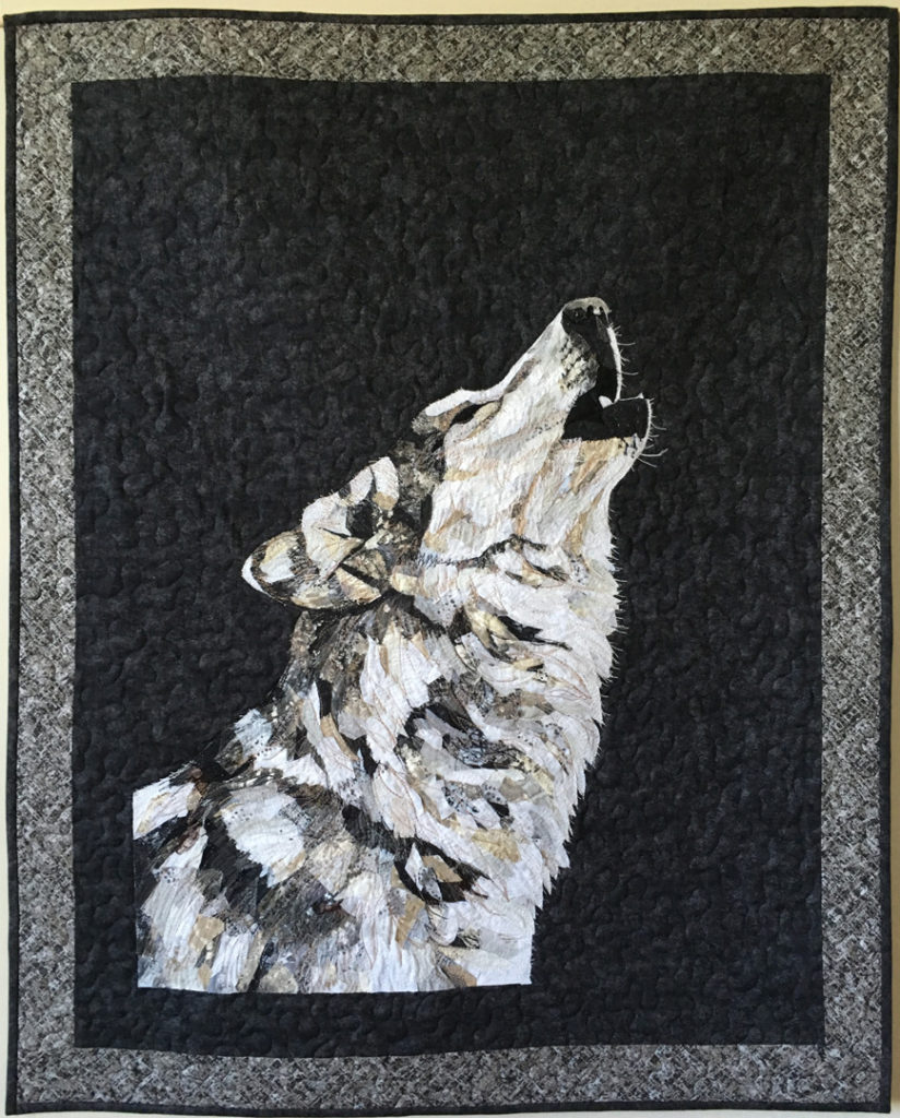 fabric collage thread painting wolf quilt